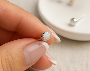 Sterling Silver White Opal Micro Stud Earrings: October Birthstone, 4mm