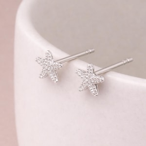 Może przedstawiać: Para srebrnych kolczyków sztyftów, każdy w kształcie rozgwiazdy. Rozgwiazdy mają teksturowaną powierzchnię i są osadzone na prostych sztyftach. Kolczyki są prezentowane na białym tle.