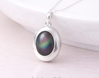 Personalised Sterling Silver Rainbow Obsidian Gemstone Photo Locket Necklace