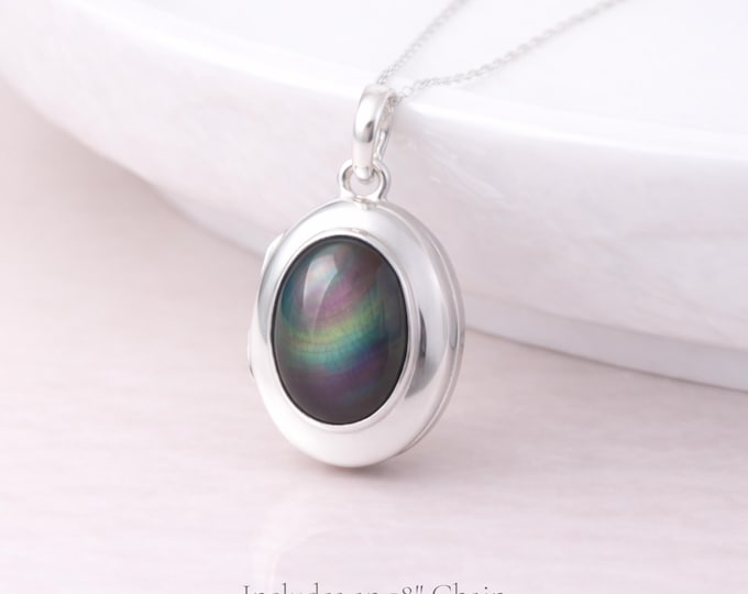 Featured listing image: Personalised Sterling Silver Rainbow Obsidian Gemstone Photo Locket Necklace