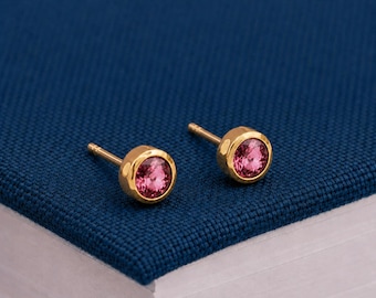 7mm Gold Plated Sterling Silver October Pink Tourmaline Birthstone Stud Earrings