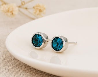 London Blue Topaz Stud Earrings • Sterling Silver December Birthstone Gift • 7mm Blue CZ Studs • Gemstone Jewellery for Her •