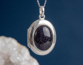 Personalised Blue Goldstone Photo Locket Necklace in Sterling Silver