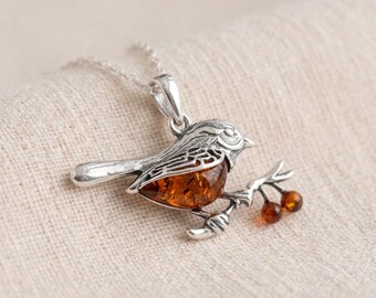 Personalised Baltic Amber Robin Pendant Necklace in Sterling Silver