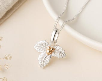 Holly Pendant • December Birth Flower Necklace in Silver & Rose Gold • Personalised • Winter Gift • Botanical Charm for Her