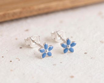 Tiny Blue Forget Me Not Flower Stud Earrings In Sterling Silver
