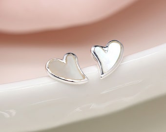Tiny Sterling Silver Mother of Pearl Heart Studs