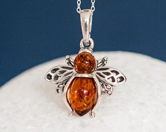 Personalised Sterling Silver Baltic Amber Bumble Bee Necklace