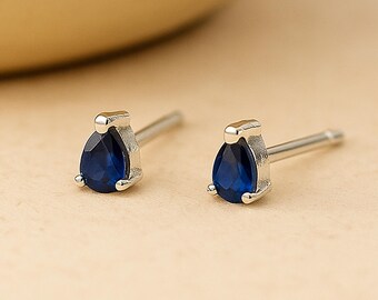 Mini Sterling Silver Teardrop Sapphire Cz Stud Earrings