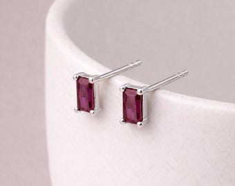 Sterling Silver Ruby Baguette Stud Earrings – 6mm x 4mm