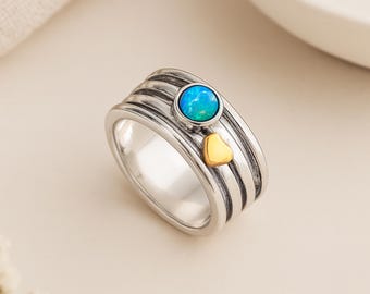 Personalised Sterling Silver Heart & Opal Spinner Ring – 10mm