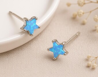 Sterling Silver Blue Opal Star Stud Earrings