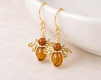 Gold Plated Sterling Silver Baltic Amber Bee Hook Drop Earrings