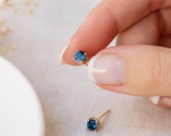 9ct Gold London Blue Topaz Stud Earrings: December Birthstone, 4mm