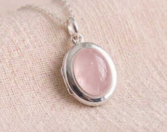Personalised Rose Quartz Engraved Photo Locket Necklace in Sterling Silver