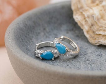 Turquoise Huggie Hoop Earrings in Sterling Silver