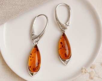 Sterling Silver Baltic Amber Teardrop Earrings