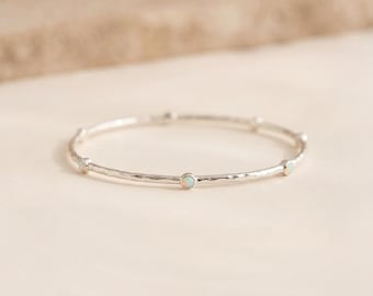 White Opal Bangle in Hammered Sterling Silver