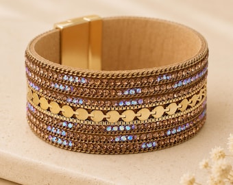 Gold Plated Iridescent Aurora Borealis Crystal Wide Cuff Bracelet
