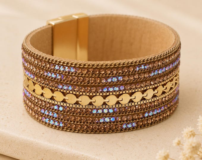 Featured listing image: Gold Plated Iridescent Aurora Borealis Crystal Wide Cuff Bracelet