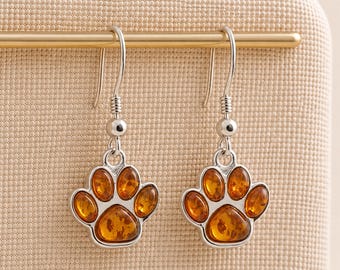 Sterling Silver Baltic Amber Paw Print Drop Earrings – 15mm