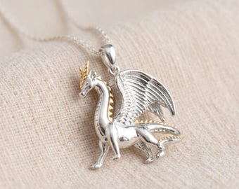 Personalised Dragon Pendant Necklace in Solid Sterling Silver and Gold