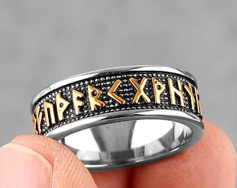 Personalised Stainless Steel Gunmetal Silver and Gold Viking Runes Ring