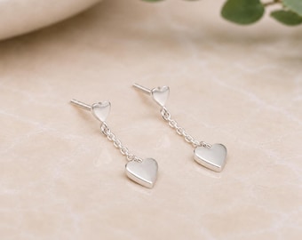 Sterling Silver Double Heart Stud Drop Earrings