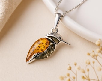 Kingfisher Pendant • Baltic Amber & Sterling Silver Bird Necklace • Personalised Disc Option • Nature Gift for Her • Wildlife Charm