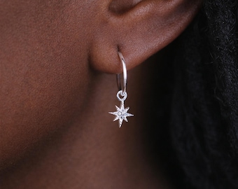 Sterling Silver Star Charm Half Hoop Stud Earrings – 12mm