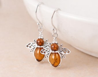 Sterling Silver Baltic Amber Bee Drop Earrings – 15mm