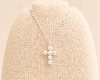Personalised Tiny Sterling Silver Pearl Cross Pendant Necklace