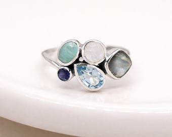 Sterling Silver Faceted Mixed Gemstone Ring