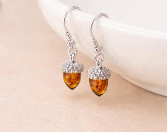 Small Sterling Silver Baltic Amber Acorn Drop Earrings – 7mm