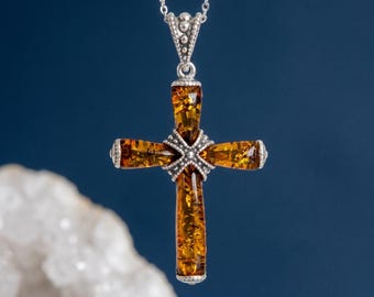 Personalised Baltic Amber Cross Pendant Necklace In Sterling Silver
