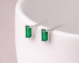 Sterling Silver Emerald Baguette Stud Earrings – 6mm x 4mm