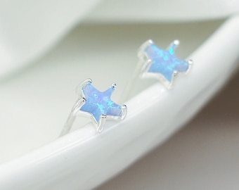 Sterling Silver Blue Opal Star Stud Earrings