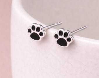 Sterling Silver Black Paw Print Stud Earrings – 5mm