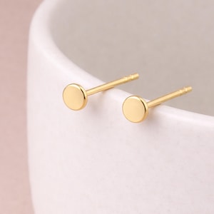 Könnte beinhalten: Ein Paar kleine, goldfarbene Ohrstecker. Jeder Ohrring hat eine kreisförmige Scheibe, die an einem dünnen Stift befestigt ist. Die Ohrringe werden vor einem weißen Hintergrund gezeigt, um ihr schlichtes Design und ihre polierte Oberfläche hervorzuheben.