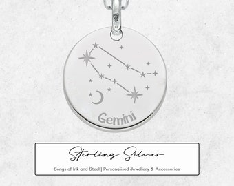 Personalised Gemini Constellation Necklace in Sterling Silver, Zodiac Necklace, Hand Drawn Constellation, Gemini Astrological Sign