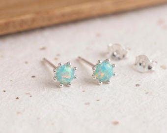 Personalised Tiny Aqua Green Opal Stud Earrings In Sterling Silver