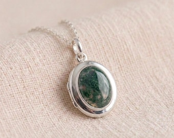Personalised Moss Agate Gemstone Engraved Photo Locket Necklace in Sterling Silver