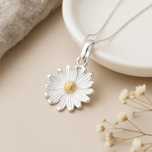 Daisy Pendant: April Birth Flower Necklace, Sterling Silver & Gold