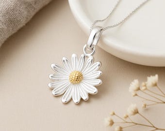 Daisy Pendant • April Birth Flower Necklace in Sterling Silver & Gold • Floral Gift for Her • Personalised Disc Option • Spring Charm