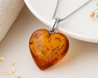Personalised Sterling Silver Baltic Amber Heart Necklace