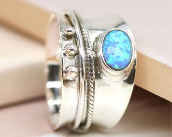 Personalised Sterling Silver Wide Blue Opal Spinner Ring