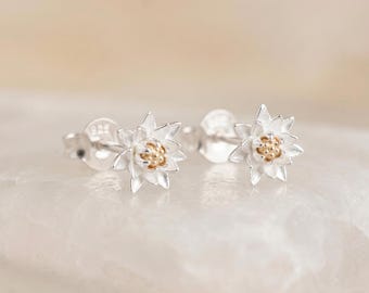 July Water Lily Birth Flower Stud Earrings In Sterling Silver And Gold