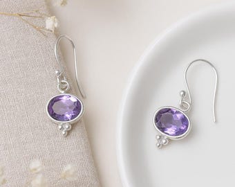 Amethyst Dangle Earrings • Sterling Silver Gemstone Drops • Natural Amethyst Jewellery • February Birthstone Gift • Minimalist Earrings •