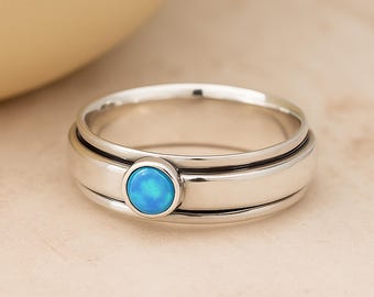 Personalised Sterling Silver Slim Blue Opal Spinner Ring