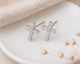 CZ Cross Stud Earrings • Sterling Silver Sparkle Cross Studs • Christian Gift for Her • Dainty Faith Jewellery • Everyday Earrings •